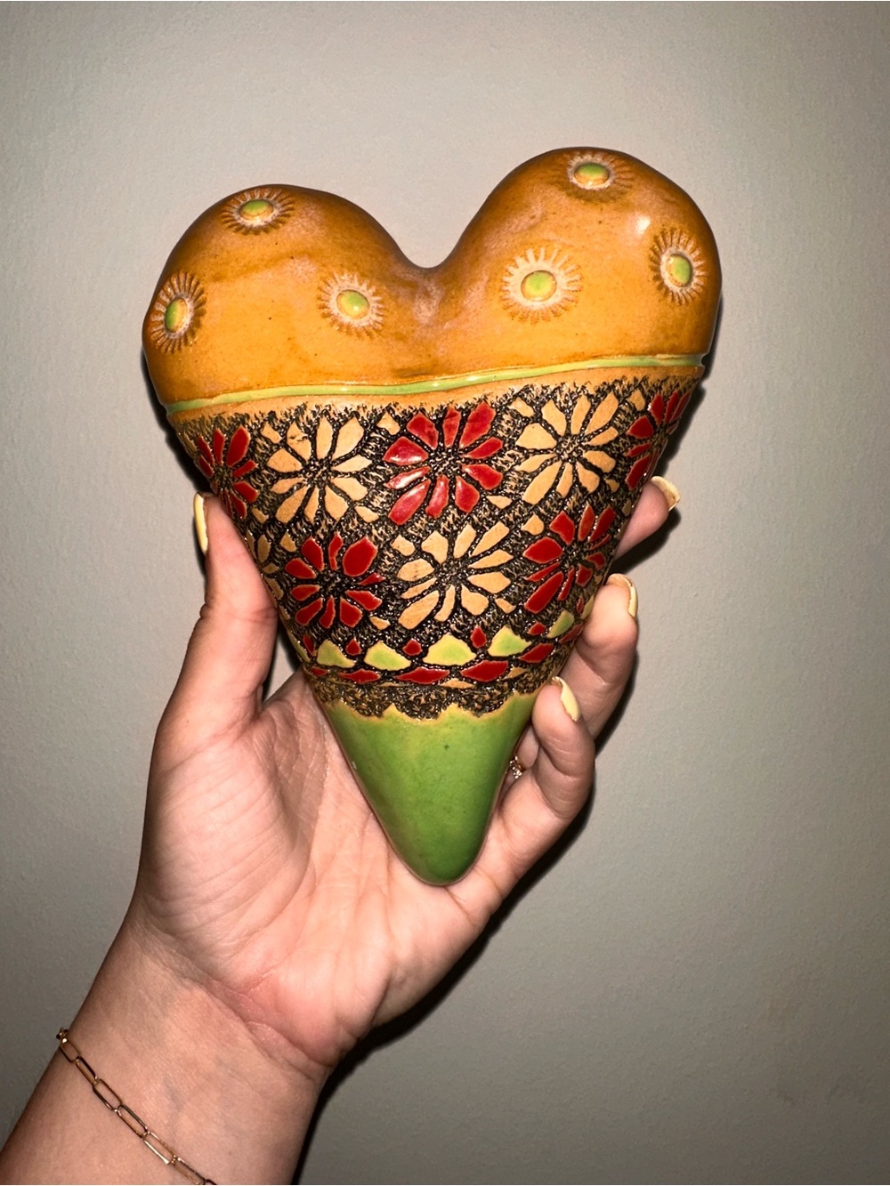 Laurie Pollpeter Eskenazi Heart Artisan Pottery Wall Art Signed Green Red